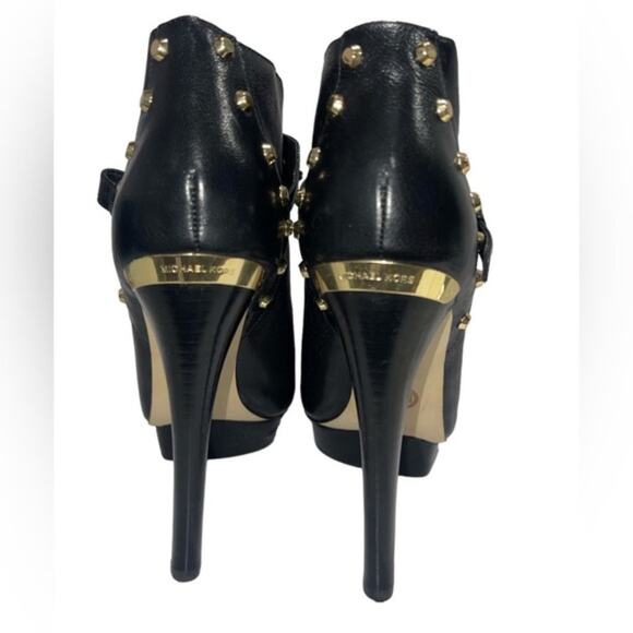 MICHAEL KORS Women's Black Leather Ailee Gold Studded Peeptoe Booties Sz 9.5 - Picture 7 of 10